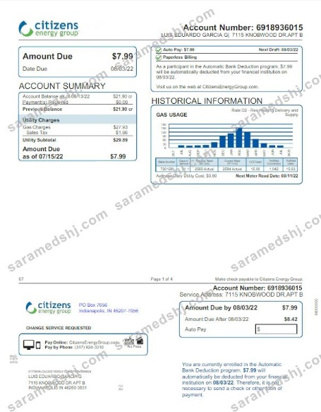 USA INDIANAPOLIS CITIZENS ENERGY GROUP utility bill Word and PDF template